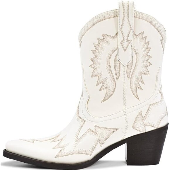 Women Metallic Embroidered Pointed Toe Cowgirl Boots Chunky Heel Pull-On White - Picture 2 of 6